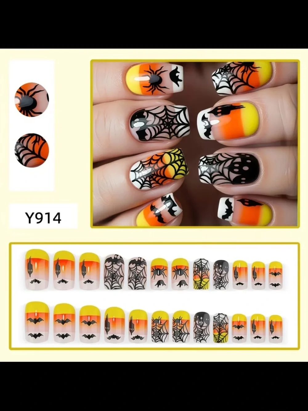 Halloween Gradient Press On Nails with Spiderweb, Bat & Candy Corn Design